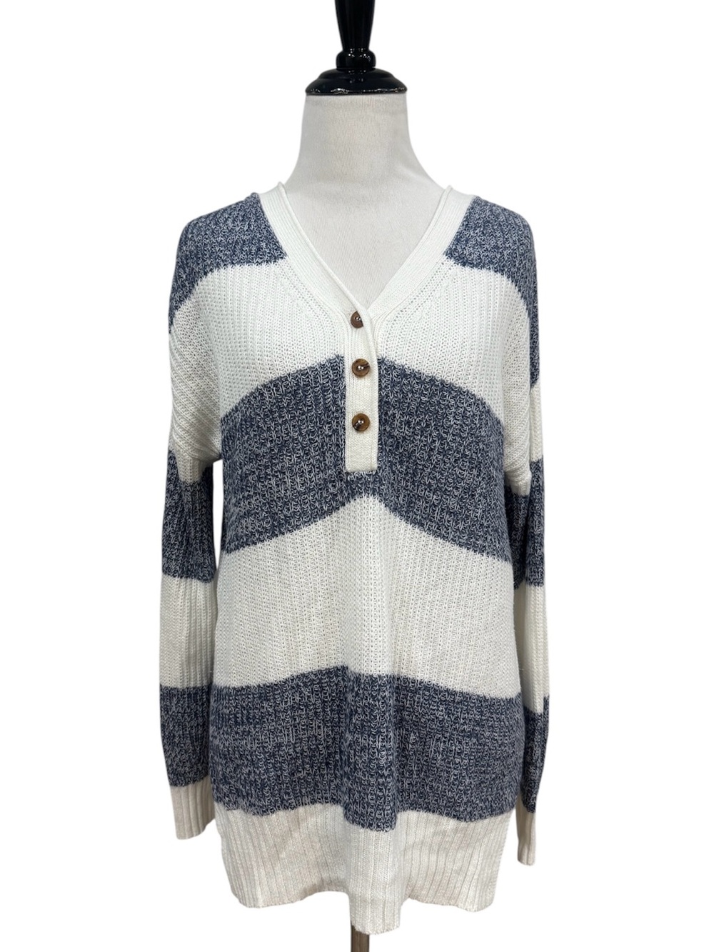 SO Women’s Small Blue White Striped Henley Pullover Sweater Cotton Blend